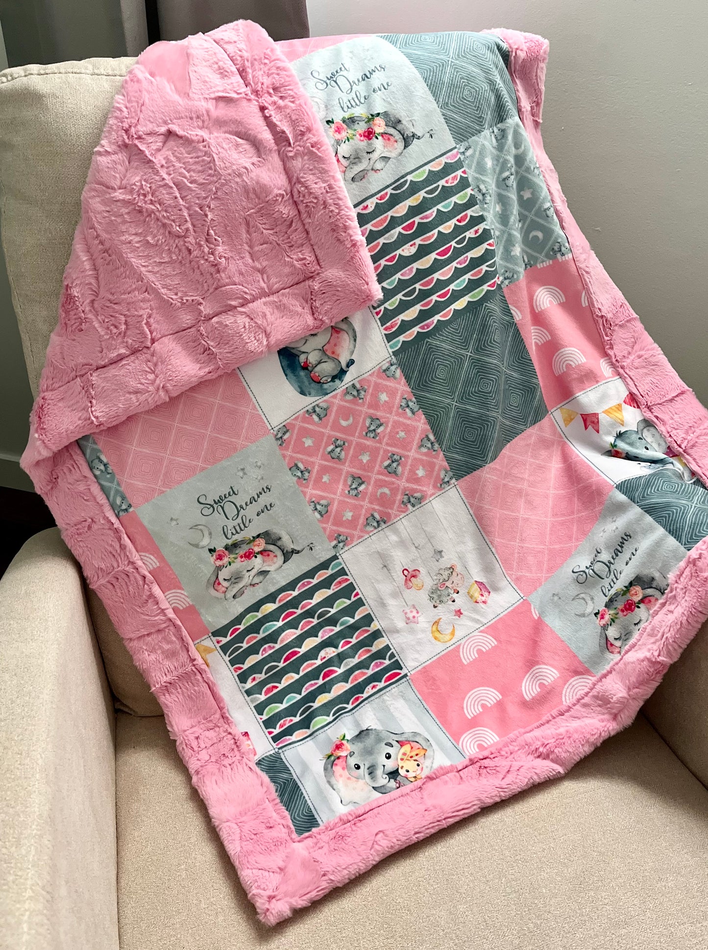 Pink Elephant Patchwork Baby Blanket